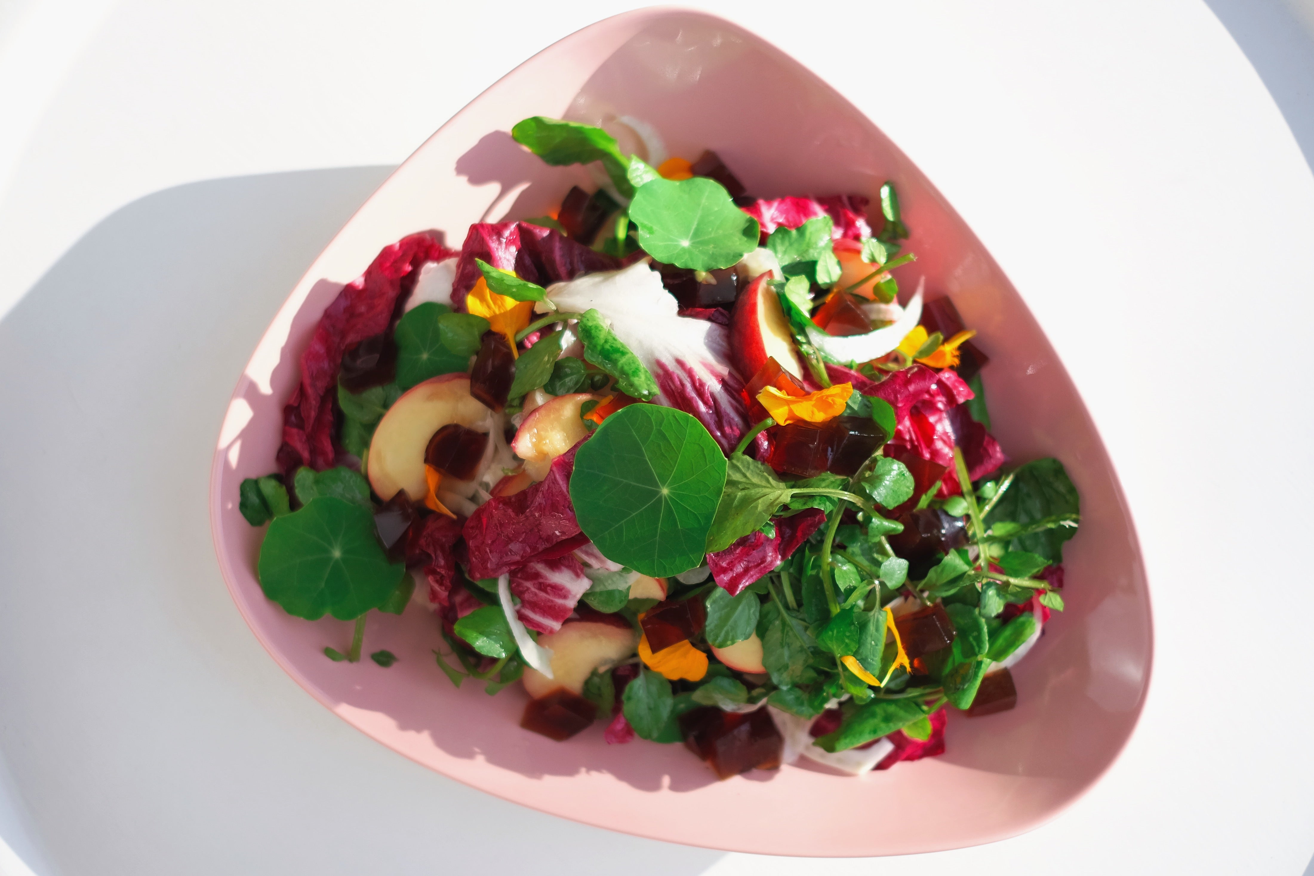 Peach, radicchio and watercress salad with star anise aspic jelly